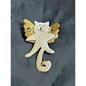 Cat With Wings Brooch Pin Cat Angel and Star Sterling & Brass Pin By Far Fetched